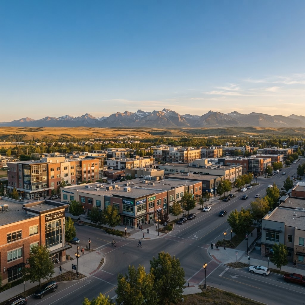 Alberta cityscape at golden hour with the prairie and mountain foothills